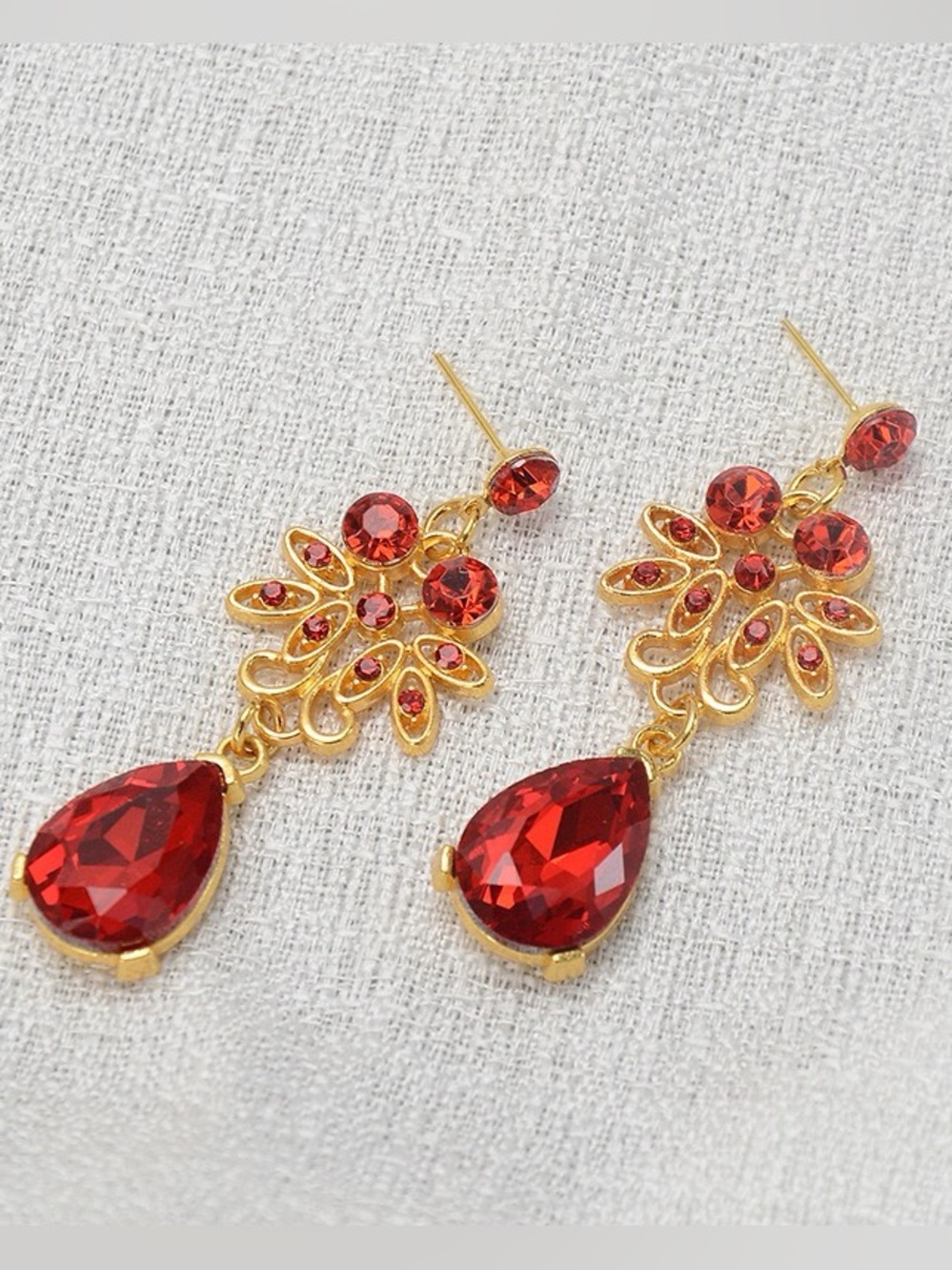 Gold-Tone Red Teardrop Crystal Drop Earrings